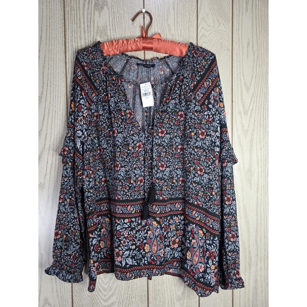 American Eagle SzM Boho Floral Peasant Top Blouse Paisley Ruffle Tassel NWT